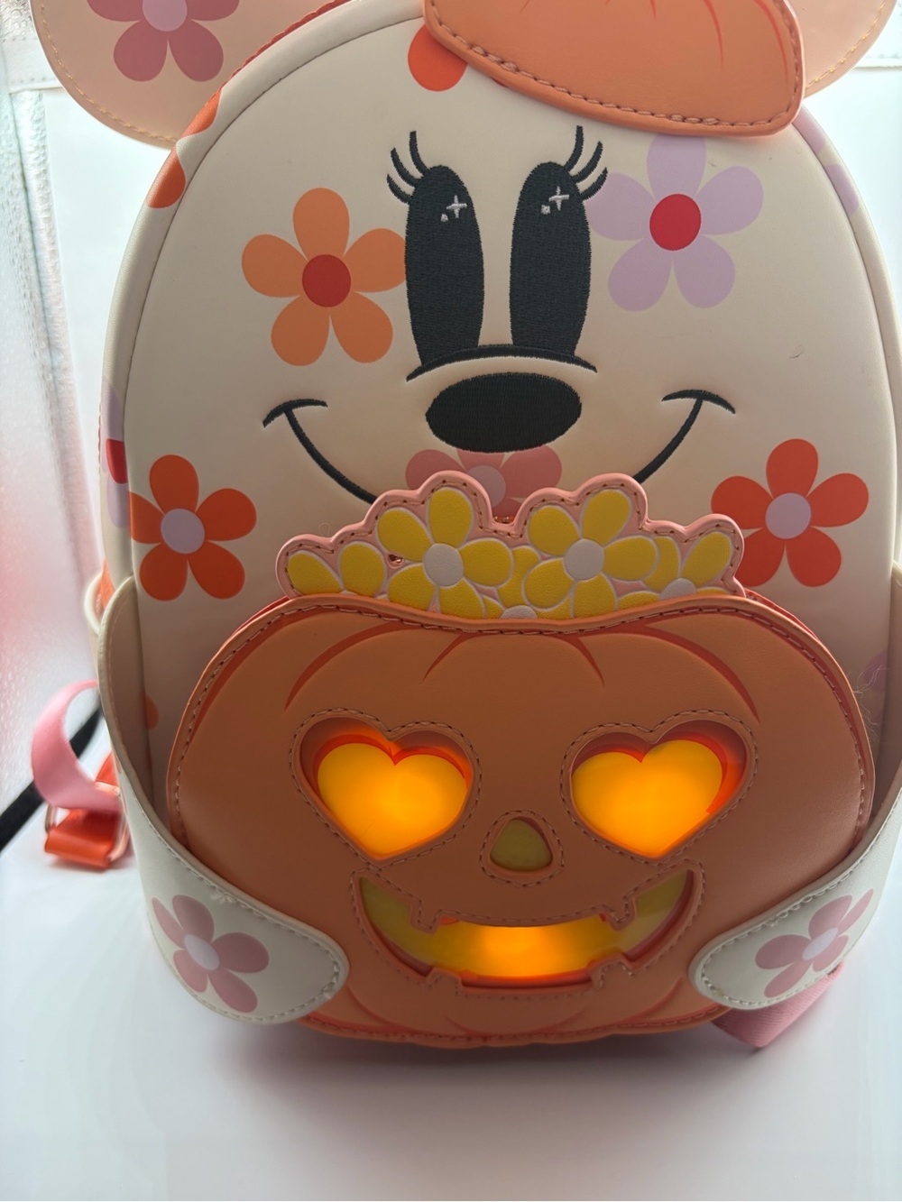 Loungefly Minnie Pumpkin Floral Light-Up Mini-Backpack- White & Orange - Picture 2 of 8